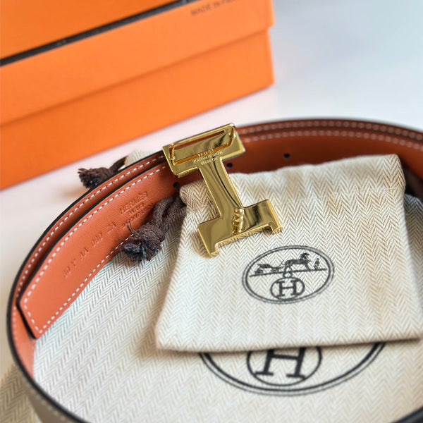 Cintura HM Gold Constance & Reverible in pelle marrone etoupe 125371