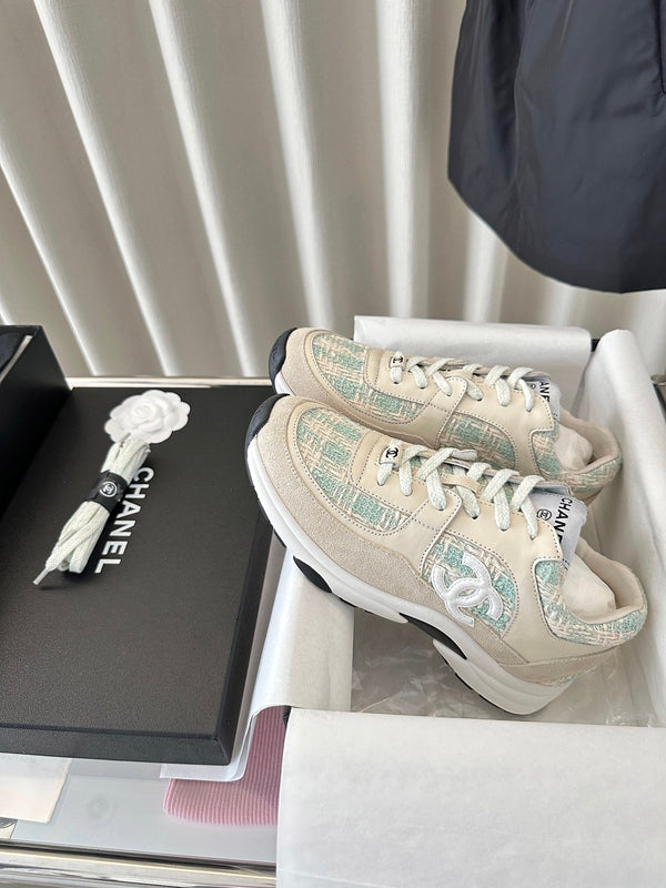 cc sneaker white cloud blu tweed pelle di vitello crema scuro