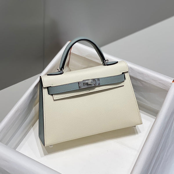 HM Mini Kelly 19 cm Crema Blu Nuvola Epsom Hardware Argento