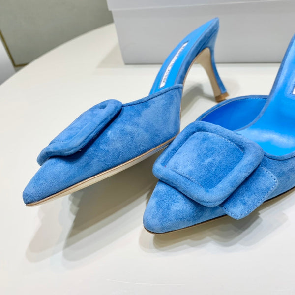 Manolo Mules 7cm Blue Suede Leather Bottom 451192