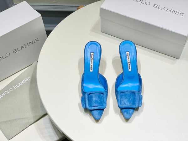 Manolo Mules 7cm Blue Suede Leather Bottom 451192