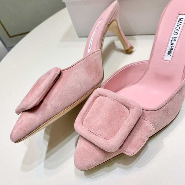 Manolo Mules 7cm Pink Suede Leather Bottom 451188