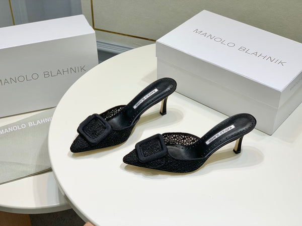 Manolo Mules 7cm Black Hollow Lace Leather Bottom 451197
