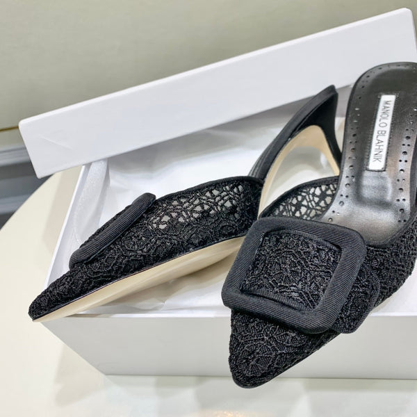 Manolo Mules 7cm Black Hollow Lace Leather Bottom 451197