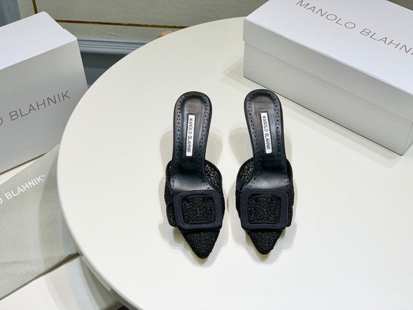 Manolo Mules 7cm Black Hollow Lace Leather Bottom 451197