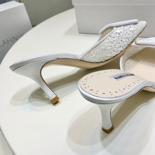 Manolo Mules 7cm White Hollow Lace Leather Bottom 451198