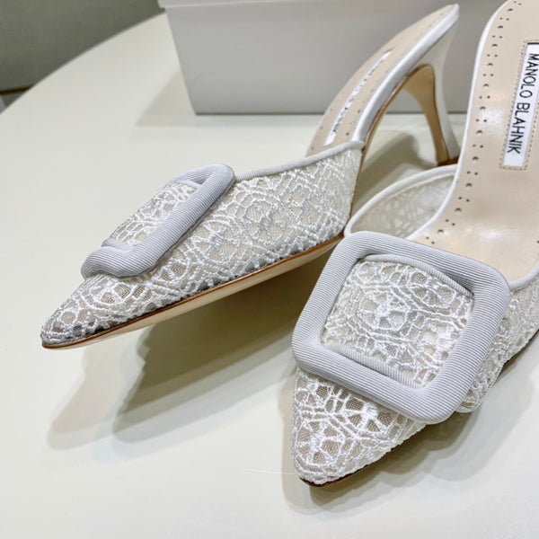 Manolo Mules 7cm White Hollow Lace Leather Bottom 451198
