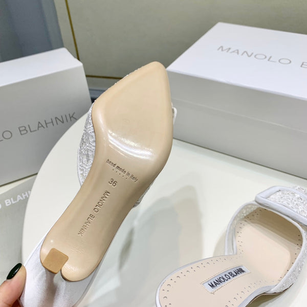Manolo Mules 7cm White Hollow Lace Leather Bottom 451198