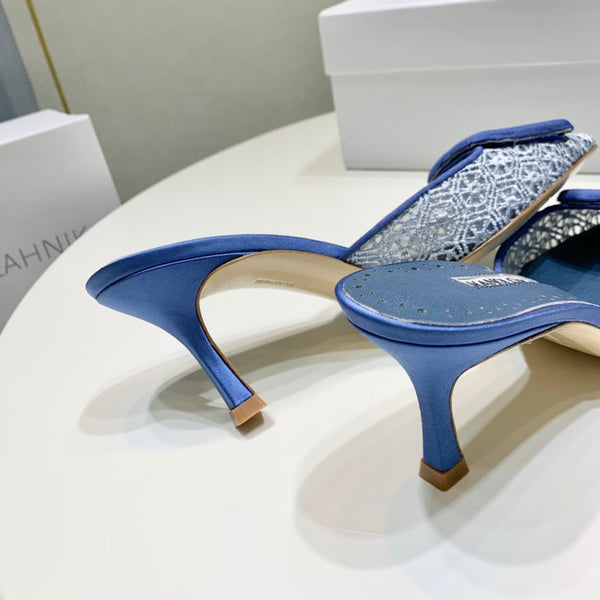 Manolo Mules 7cm Blue Hollow Lace Leather Bottom 451199