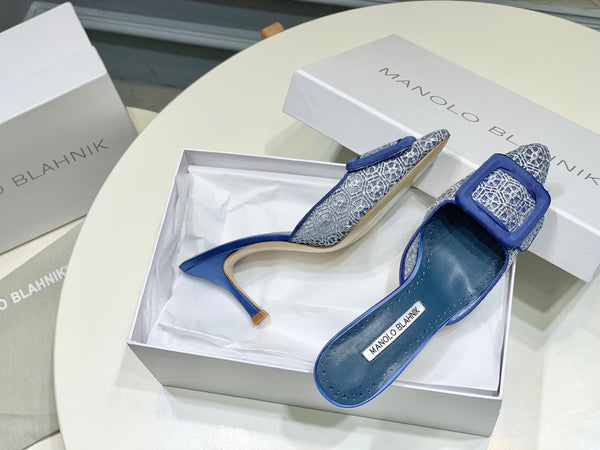 Manolo Mules 7cm Blue Hollow Lace Leather Bottom 451199