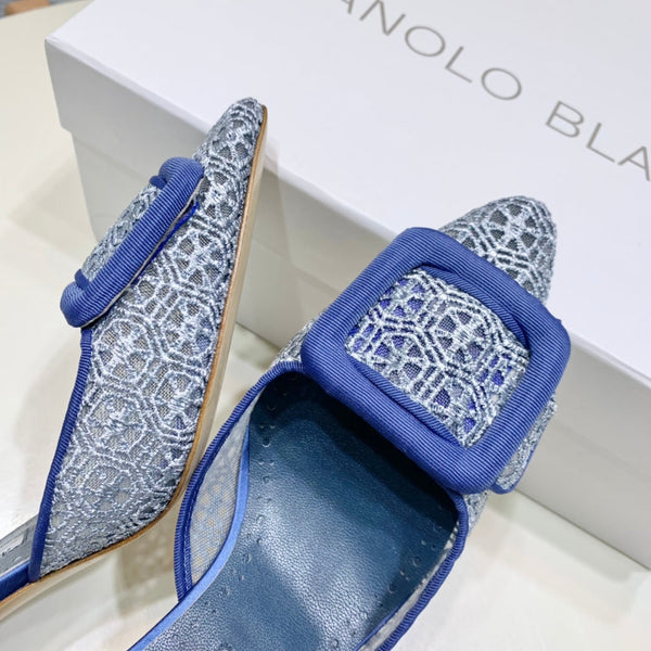 Manolo Mules 7cm Blue Hollow Lace Leather Bottom 451199