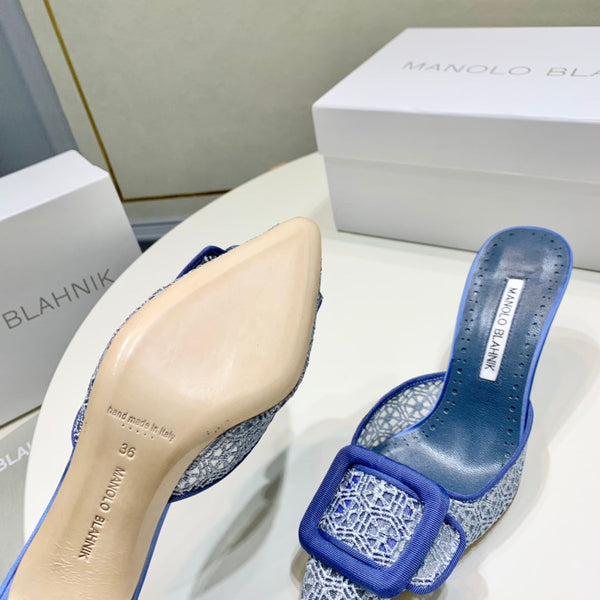 Manolo Mules 7cm Blue Hollow Lace Leather Bottom 451199