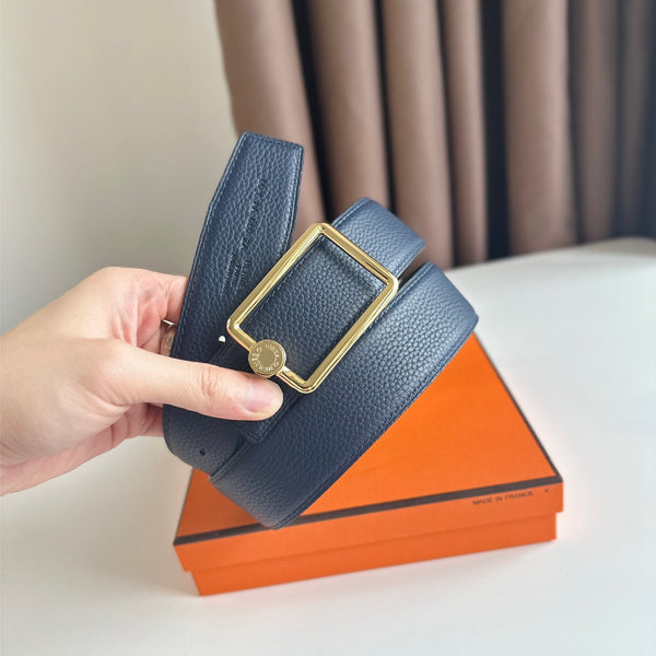 HM OSCAR BELT BUCKLE & REVERSIBLE BLACK AND AEGEAN BLUE LEATHER STRAP 38MM GOLD HARDWARE