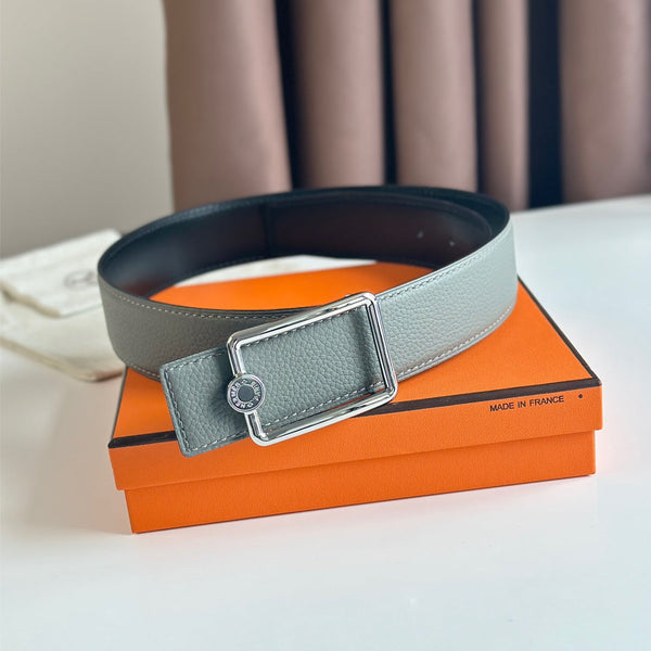 HM OSCAR BELT BUCKLE & REVERSIBLE BLACK AND ASH GREY LEATHER STRAP 38MM SILVER HARDWARE