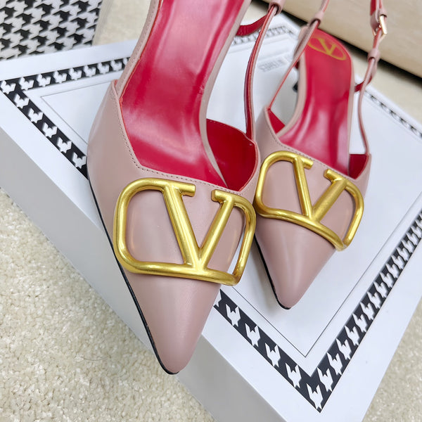 VLOGO SLINGBACK PUMP IN ROSE PINK CALFSKIN LEATHER WITH GOLD LOGO