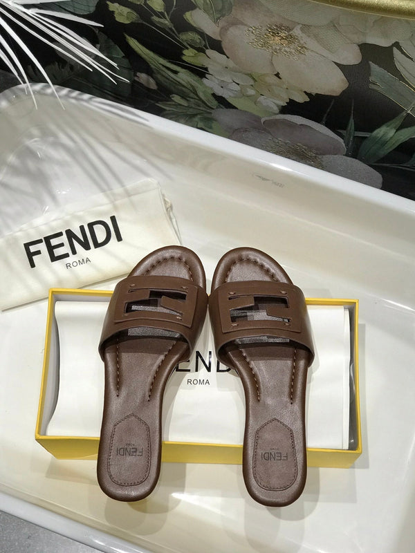 FENDI BAGUETTE SLIDES IN COFFEE BROWN LAMBSKIN