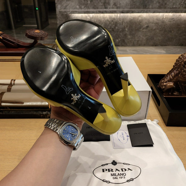 Prad 26s Open Toe Mules 100mm In Lime Yellow Patent Calfskin With Logo