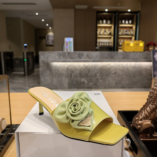 Prad 26s Open Toe Mules 45mm In Lime Yellow Patent Calfskin With Rosette
