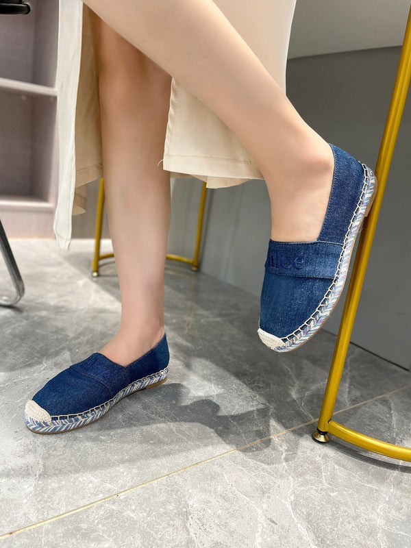 CHLOÉ LOAFERS IN NAVY BLUE FABRIC AND RAFFIA