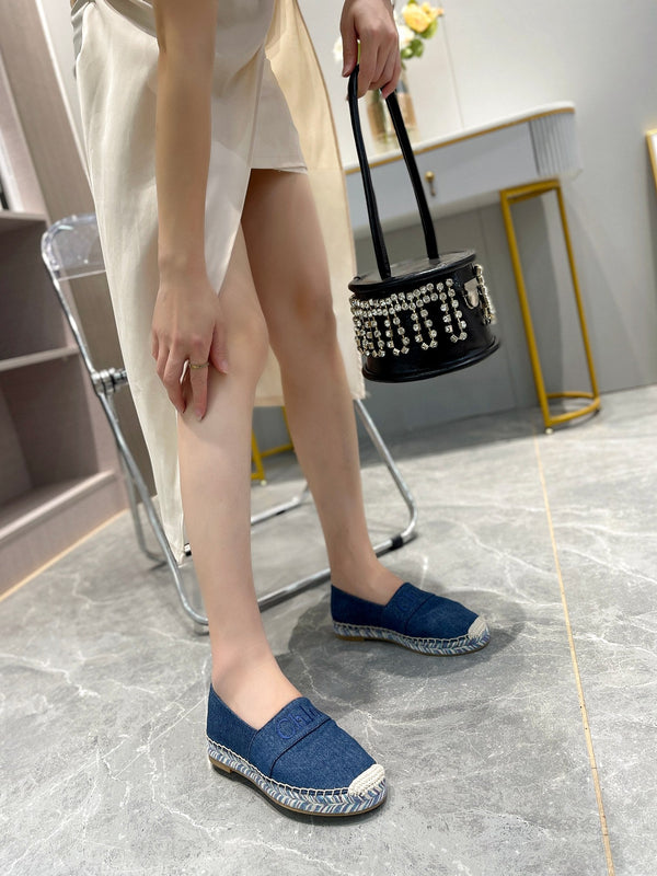 CHLOÉ LOAFERS IN NAVY BLUE FABRIC AND RAFFIA