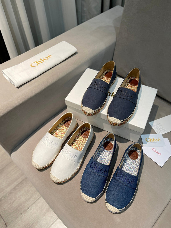 CHLOÉ LOAFERS IN NAVY BLUE FABRIC AND RAFFIA