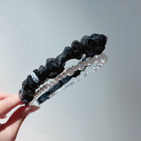 BLACK VOILE FABRIC HAIRBAND WITH PEARL CHAIN 867187