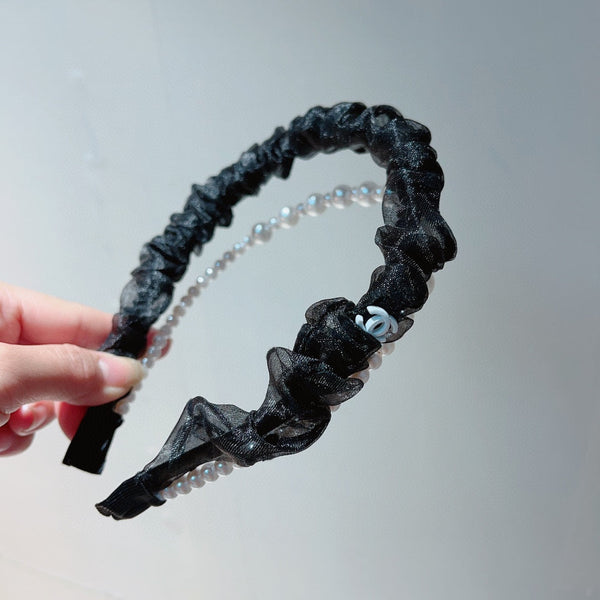 BLACK VOILE FABRIC HAIRBAND WITH PEARL CHAIN 867187