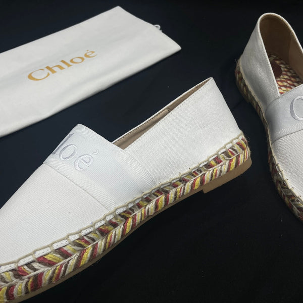 CHLOÉ WOVEN LOAFER IN WHITE DENIM AND COLORFUL RAFFIA
