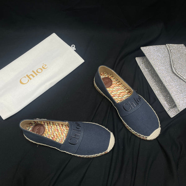 CHLOÉ WOVEN LOAFER IN BLACK DENIM AND COLORFUL RAFFIA