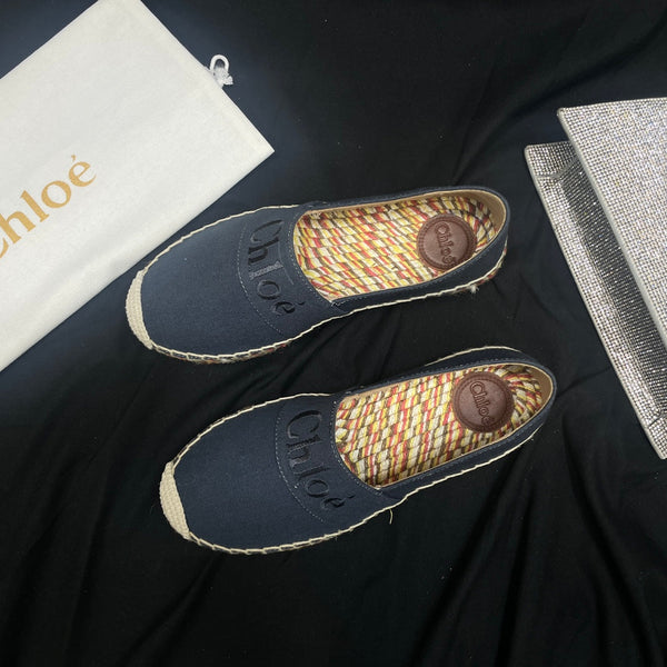 CHLOÉ WOVEN LOAFER IN BLACK DENIM AND COLORFUL RAFFIA