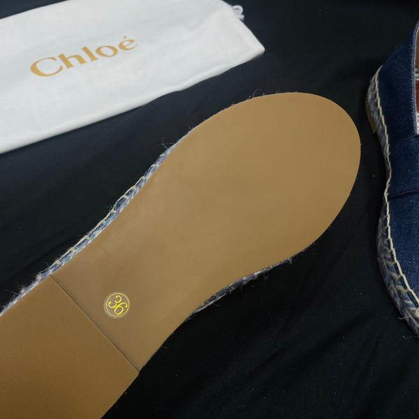 CHLOÉ WOVEN LOAFER IN NAVY BLUE DENIM AND COLORFUL RAFFIA