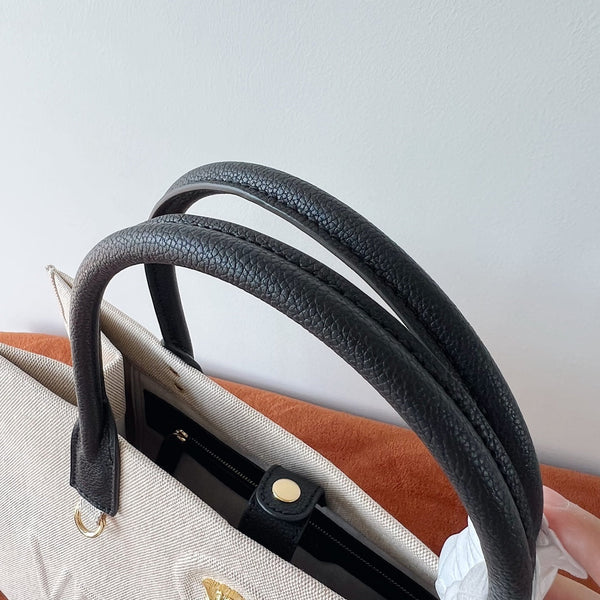 Versace Beige Denim Canvas Tote Bag 40 With Black Cowhide Handle 175561