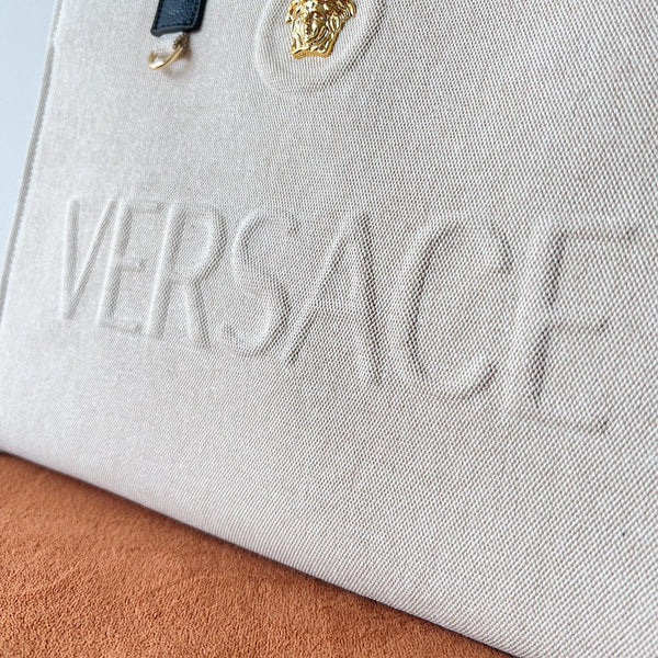 Versace Beige Denim Canvas Tote Bag 40 With Black Cowhide Handle 175561