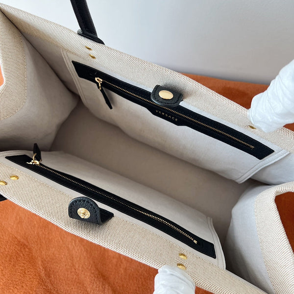 Versace Beige Denim Canvas Tote Bag 40 With Black Cowhide Handle 175561