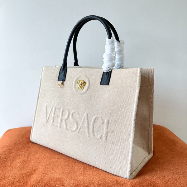 Versace Beige Denim Canvas Tote Bag 40 With Black Cowhide Handle 175561