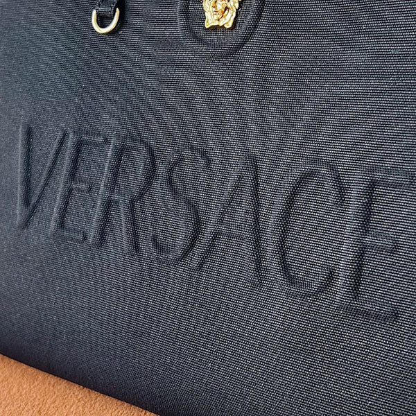 Versace Black Denim Canvas Tote Bag 40 With Cowhide Handle 175560