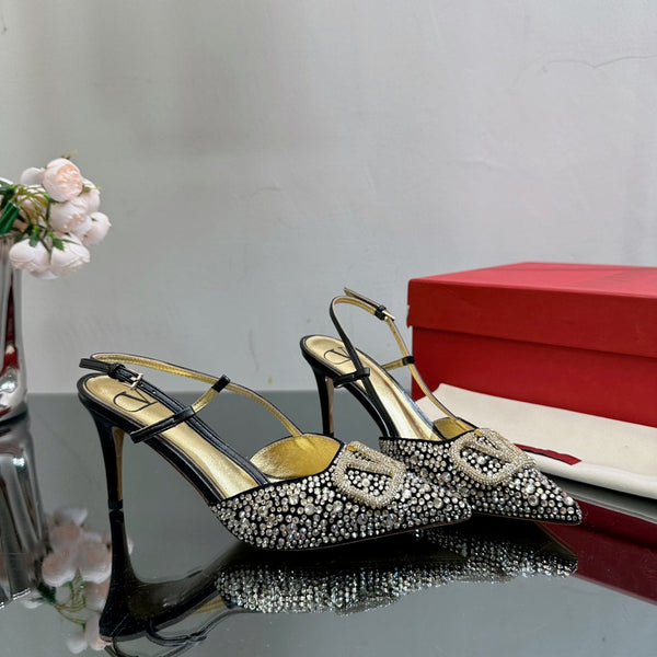 Vlogo Signature Slingback 70 Gold Black Calfskin With Crystals
