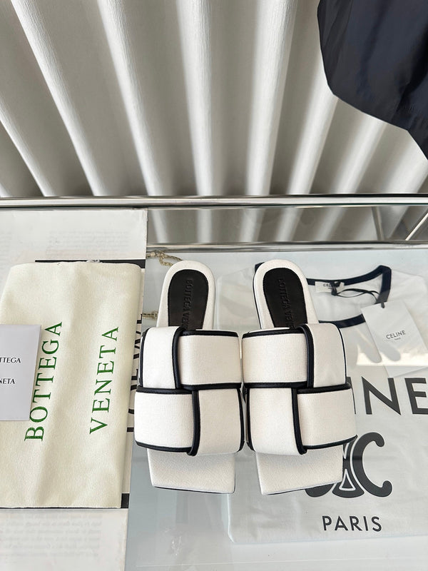 patch mule flat white black cotton lambskin