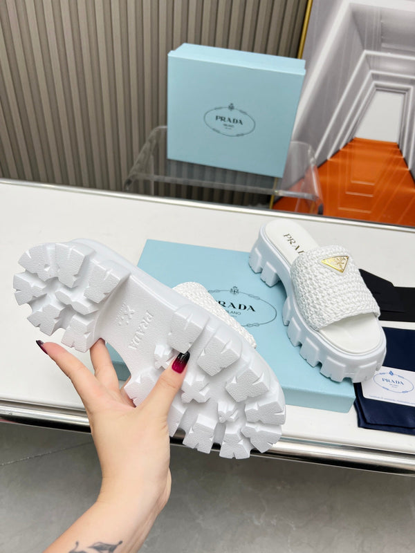 PRA THICK-SOLED CROCHET SANDALS WHITE WOVEN FABRIC