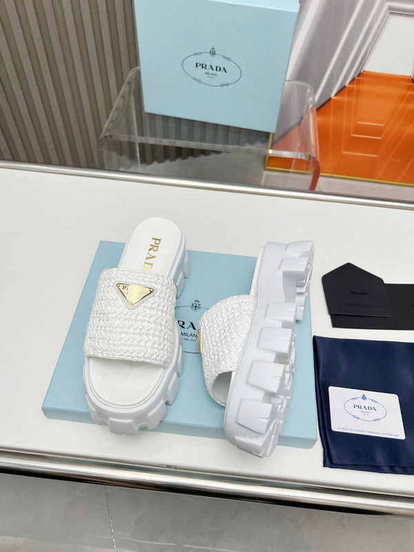 PRA THICK-SOLED CROCHET SANDALS WHITE WOVEN FABRIC