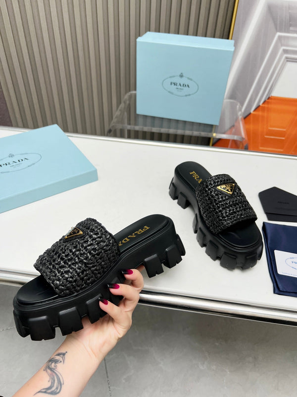 PRA THICK-SOLED CROCHET SANDALS BLACK WOVEN FABRIC