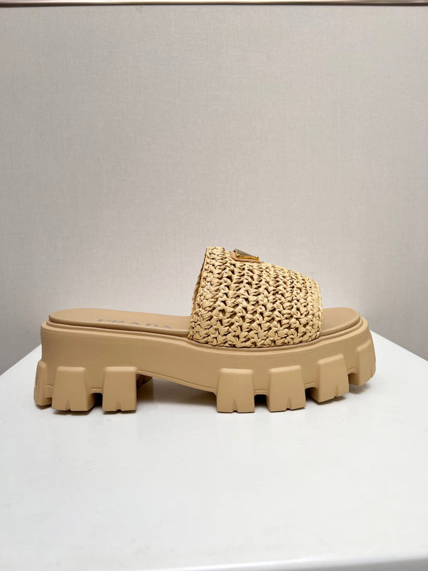 PRA THICK-SOLED CROCHET SANDALS BEIGE WOVEN FABRIC