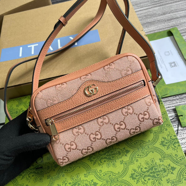 BORSA OPHIDIA GG MINI 17 IN TELA ROSA CHIARO E PELLE DI VITELLO