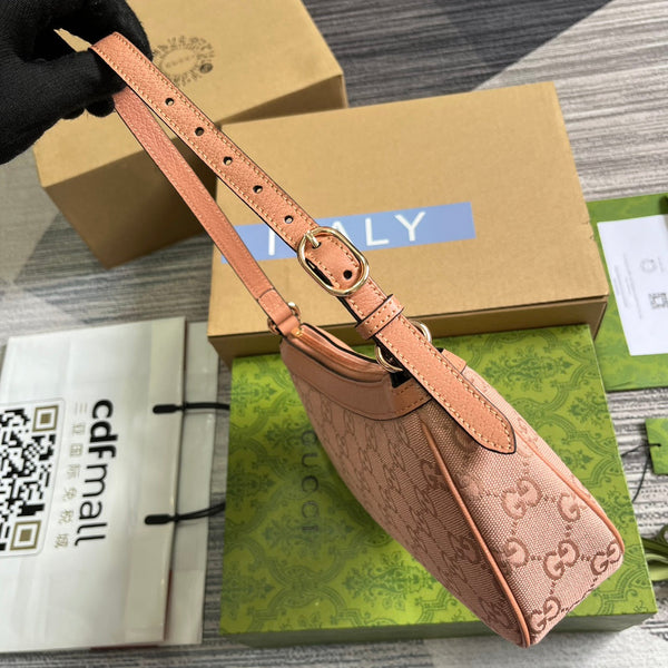 BORSA A MANO OPHIDIA GG SMALL 25 IN TELA ROSA CHIARO E PELLE DI VITELLO