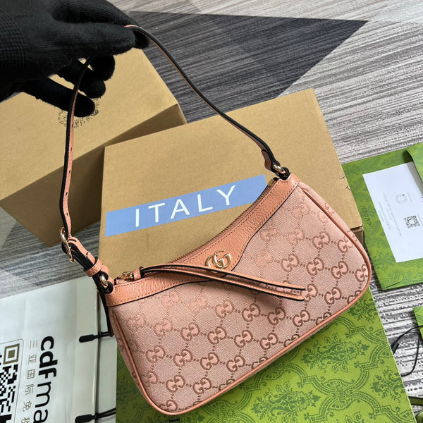 BORSA A MANO OPHIDIA GG SMALL 25 IN TELA ROSA CHIARO E PELLE DI VITELLO