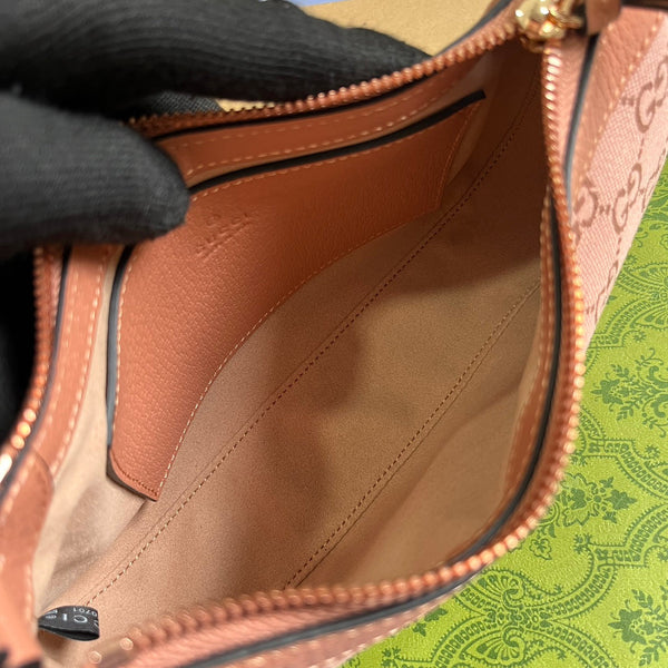 BORSA A MANO OPHIDIA GG SMALL 25 IN TELA ROSA CHIARO E PELLE DI VITELLO