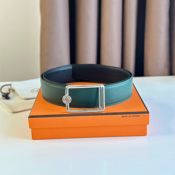 FIBBIA PER CINTURA TUBE H E CINTURINO REVERSIBILE IN PELLE VERDE ACQUA E NERO 38 MM FERRAMENTA ARGENTO