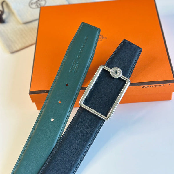 FIBBIA PER CINTURA TUBE H E CINTURINO REVERSIBILE IN PELLE VERDE ACQUA E NERO 38 MM FERRAMENTA ARGENTO