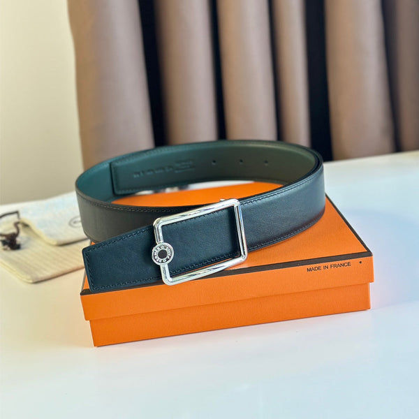 FIBBIA PER CINTURA TUBE H E CINTURINO REVERSIBILE IN PELLE VERDE ACQUA E NERO 38 MM FERRAMENTA ARGENTO