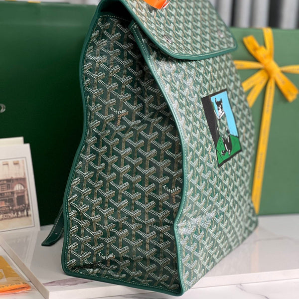 ZAINO SAINT LÉGER 35 IN TELA GOYARDINE VERDE E PELLE DI VITELLO CON PATCH CARTONI ANIMATI